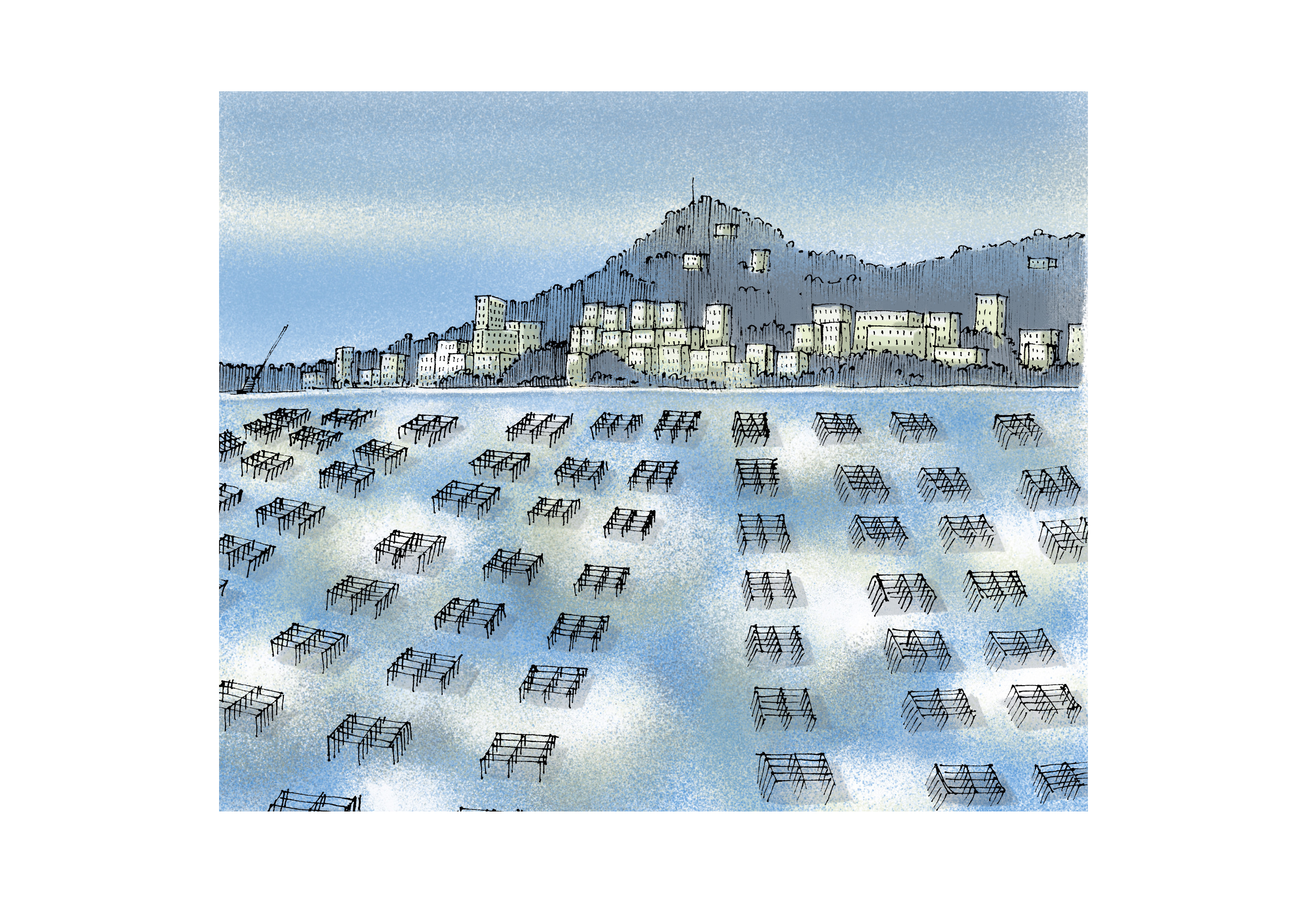 illustration Aquaculture urbaine en bord de mer avec paysage de collines